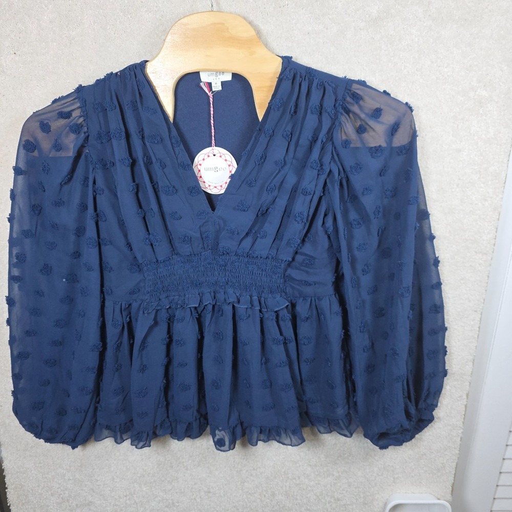 Umgee USA‎ Blouse Top Womens M Blue Swiss Dot V-Neck Smocked Balloon Sleeve NWT